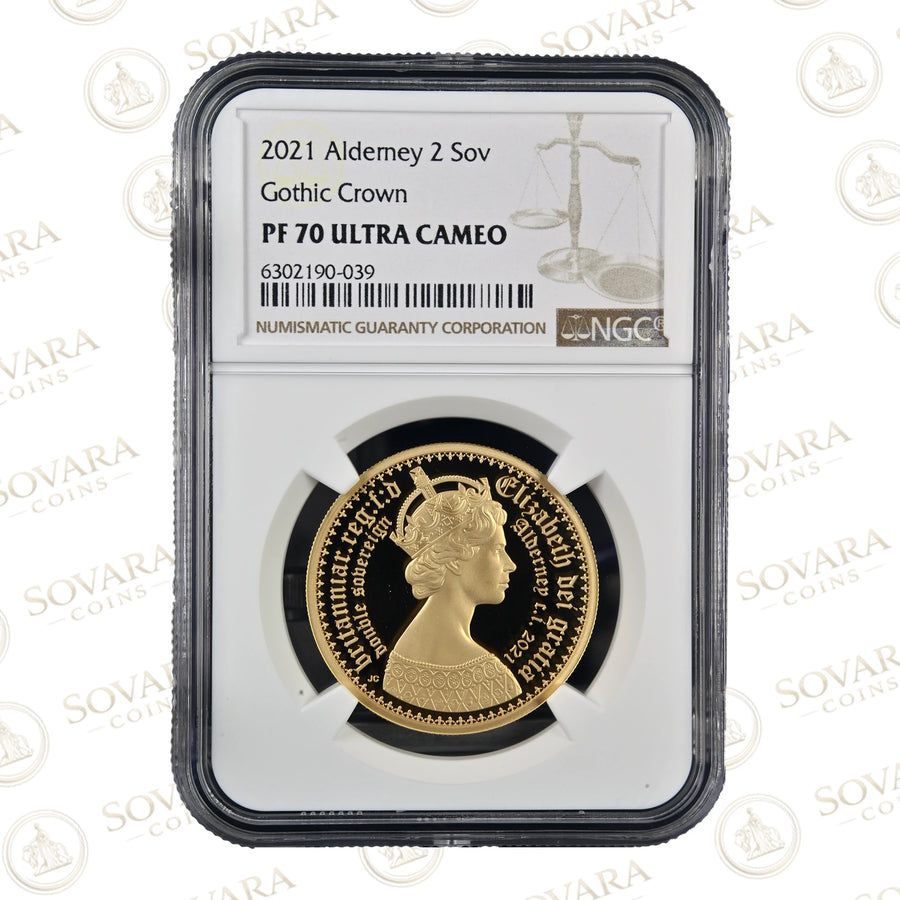 2021 Alderney Gothic Crown Gold Double Sovereign NGC PF70 Ultra Cameo Top Pop