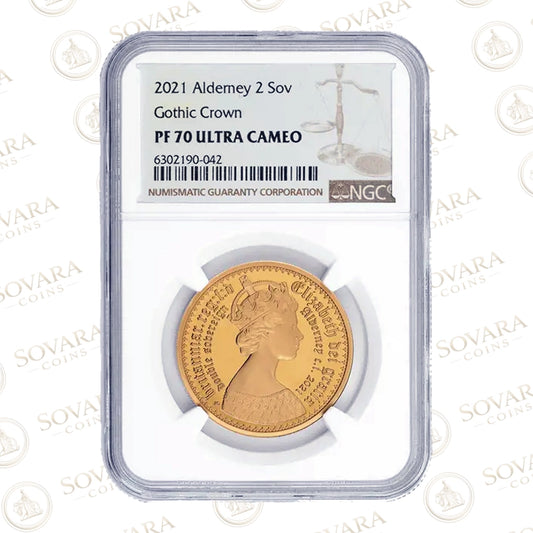 2021 Alderney Gothic Crown Gold Double Sovereign NGC PF70 Ultra Cameo Top Pop