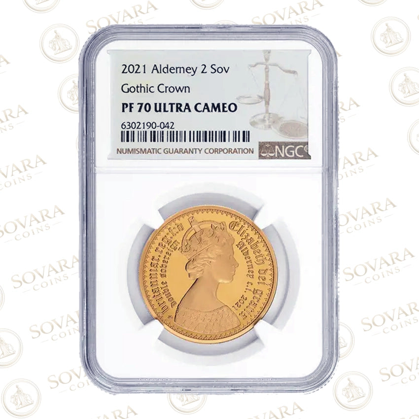 2021 Alderney Gothic Crown Gold Double Sovereign NGC PF70 Ultra Cameo Top Pop