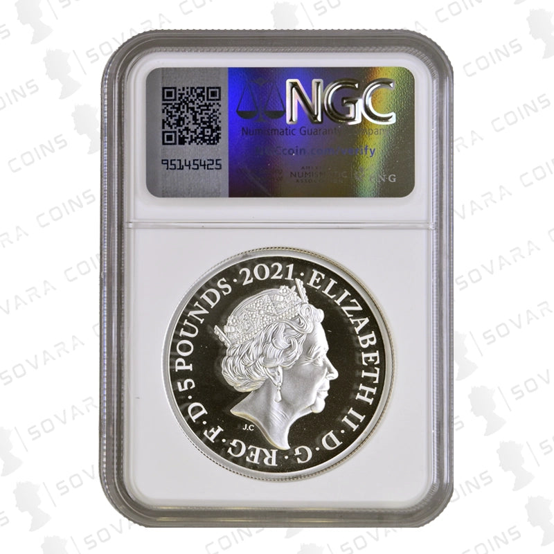 Silver coin with a profile of a queen, encapsulated in an NGC holder on a white background.