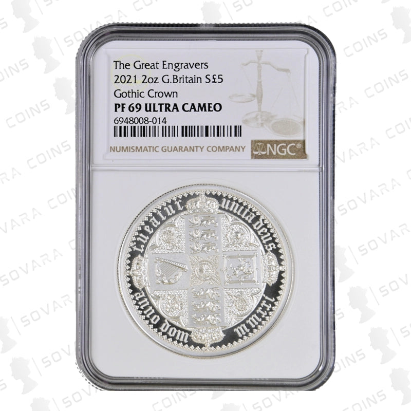 2021 The Great Engravers 2oz Silver Proof Gothic Quartered Arms coin, graded NGC PF69 Ultra Cameo, featuring William Wyon’s intricate design.