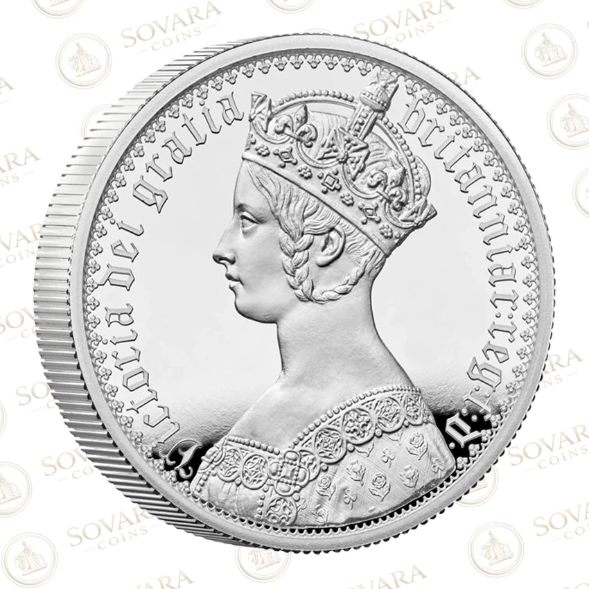 A silver-colored coin featuring a profile portrait of Queen Victoria of Britain, with the text 'VIR REGINA BRITANNIAE' around the border and a reeded edge on the left side, shown on a white background with a faint repeating 'SOVARA COINS' watermark.