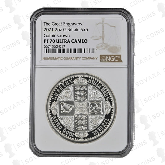 2021 Great Engravers Gothic Quartered Arms 2oz Silver Proof Coin graded NGC PF70 Ultra Cameo obverse and reverse view