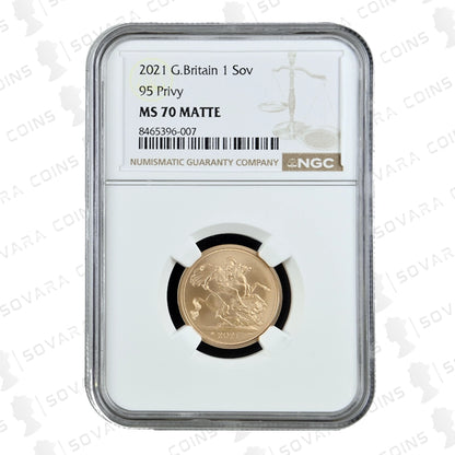 2021 QEII 95th Birthday Strike on the Day Sovereign reverse – St George and the Dragon matte finish MS70
