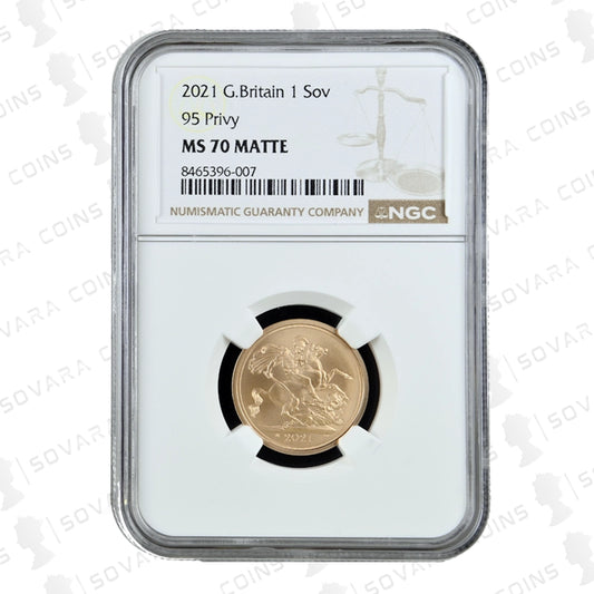 2021 QEII 95th Birthday Strike on the Day Sovereign reverse – St George and the Dragon matte finish MS70