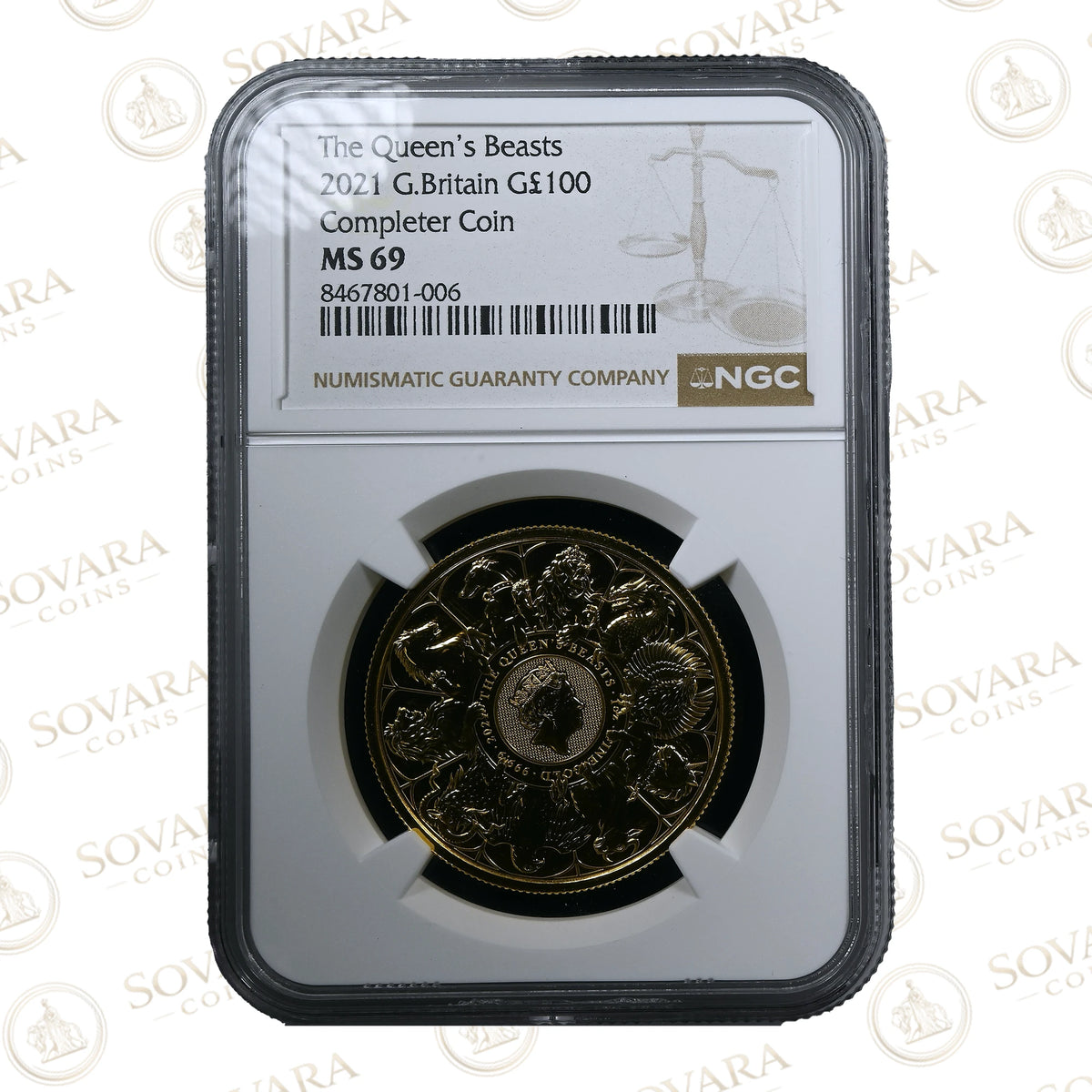 2021 Queen's Beasts Completer 1oz gold coin in NGC MS69 holder, showing all ten beasts around Queen Elizabeth II