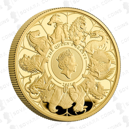 Gold coin with intricate designs and 'The Queen's Beast' inscription on a white background