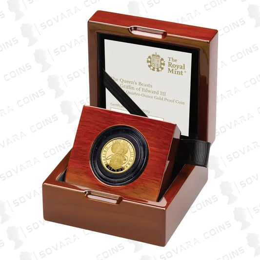 2021 Queen’s Beasts Griffin of Edward III Quarter-Ounce Gold Proof Coin in presentation case.