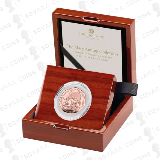 2021 Temnodontosaurus UK Gold Proof 50p coin in original Royal Mint presentation box with certificate.