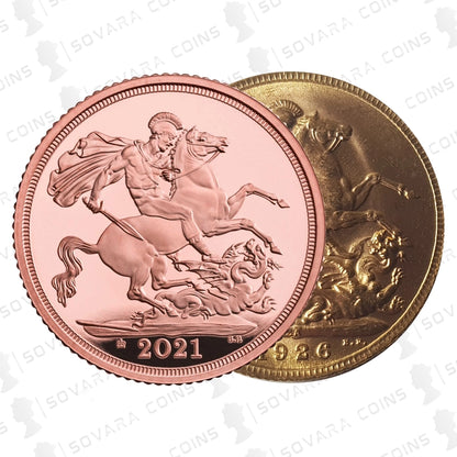 The 95th Birthday of Her Majesty The Queen Premium Birth Year Sovereign Set reverse – 2021 sovereign with 95 privy mark and 1926 Pretoria mint sovereign