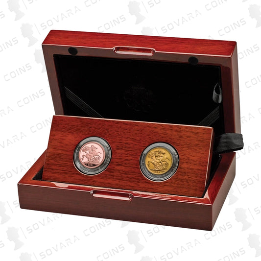 The 95th Birthday of Her Majesty The Queen Premium Birth Year Sovereign Set obverse – 2021 and 1926 gold proof sovereigns in display case