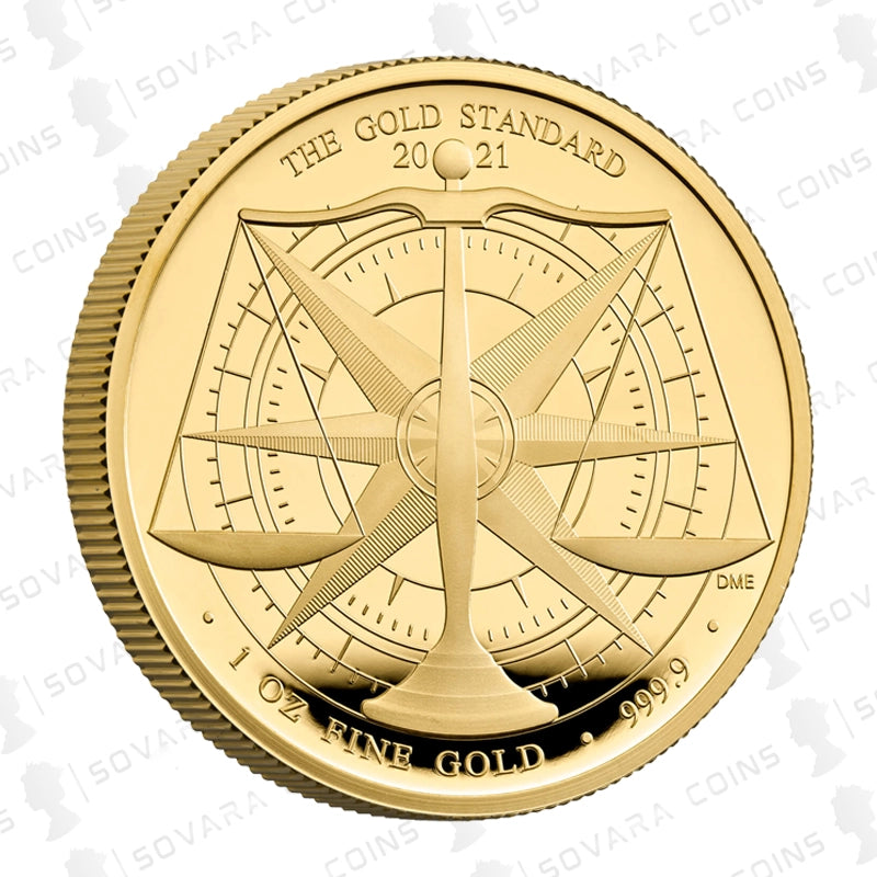 Gold coin with a compass design on a white background