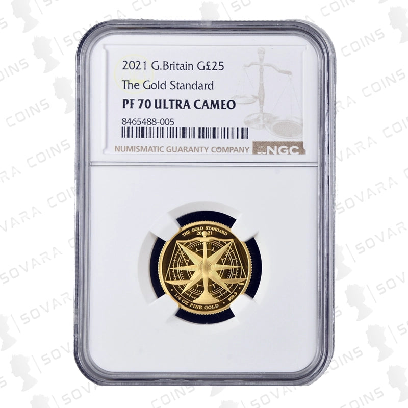 2021 The Gold Standard Quarter Ounce Gold Proof Coin reverse – balance scales design PF70 UC