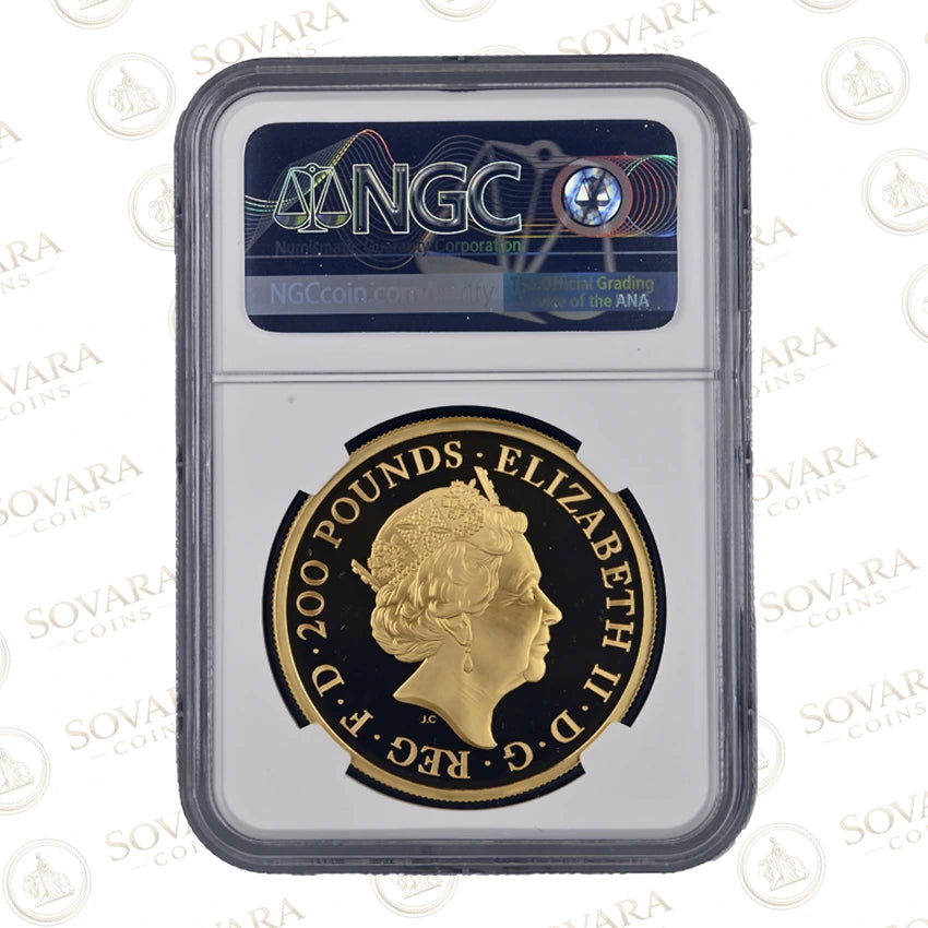 Obverse of 2022 Royal Mint 2oz Gold Proof Britannia — Elizabeth II portrait — NGC PF70 graded