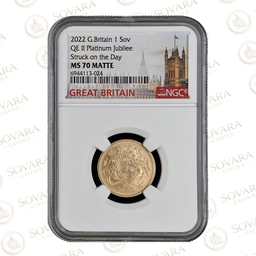 2022 Platinum Jubilee sovereign MS70 Matte Struck on the Day NGC slab