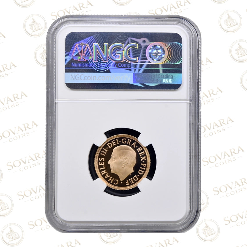 Obverse of 2022 Memorial Gold Proof Sovereign showing Martin Jennings portrait of King Charles III