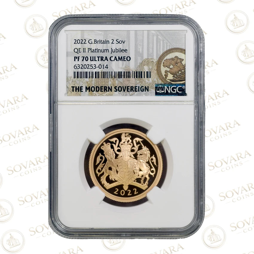 2022 Platinum Jubilee Gold Proof Double Sovereign NGC PF70 Ultra Cameo Reverse.