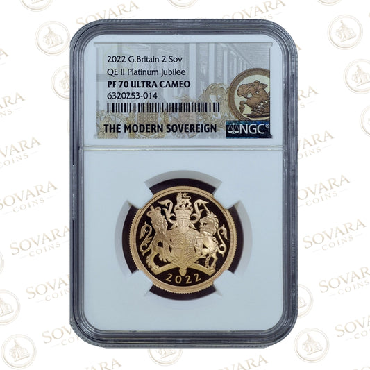 2022 Platinum Jubilee Gold Proof Double Sovereign NGC PF70 Ultra Cameo Reverse.