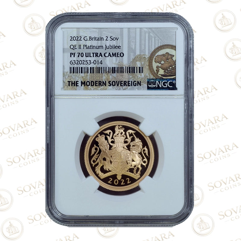 2022 Platinum Jubilee Gold Proof Double Sovereign NGC PF70 Ultra Cameo Reverse.