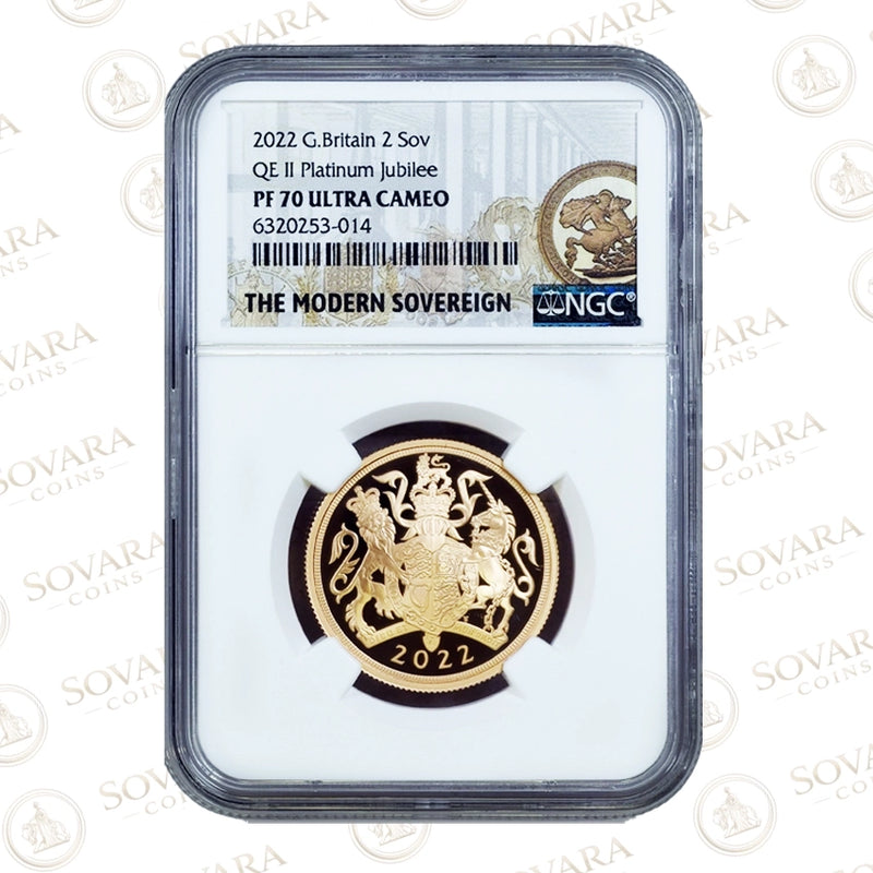 2022 Platinum Jubilee Gold Proof Double Sovereign NGC PF70 Ultra Cameo Reverse.