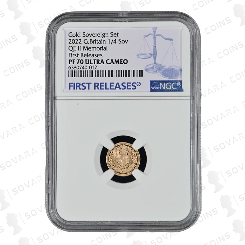 Gold sovereign coin in a NGC holder with label on a white background
