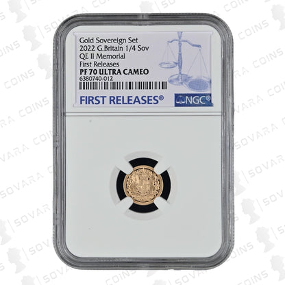 Gold sovereign coin in a NGC holder with label on a white background