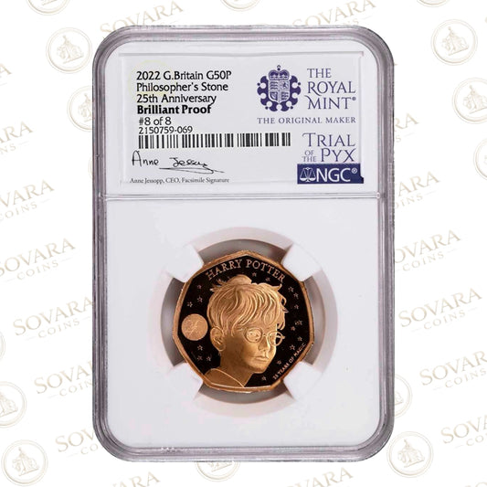 2022 Harry Potter Gold Proof 50p Trial of the Pyx NGC Brilliant Proof Slab Elizabeth II Obverse