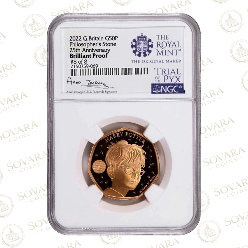 2022 Harry Potter Gold Proof 50p Trial of the Pyx NGC Brilliant Proof Slab Elizabeth II Obverse