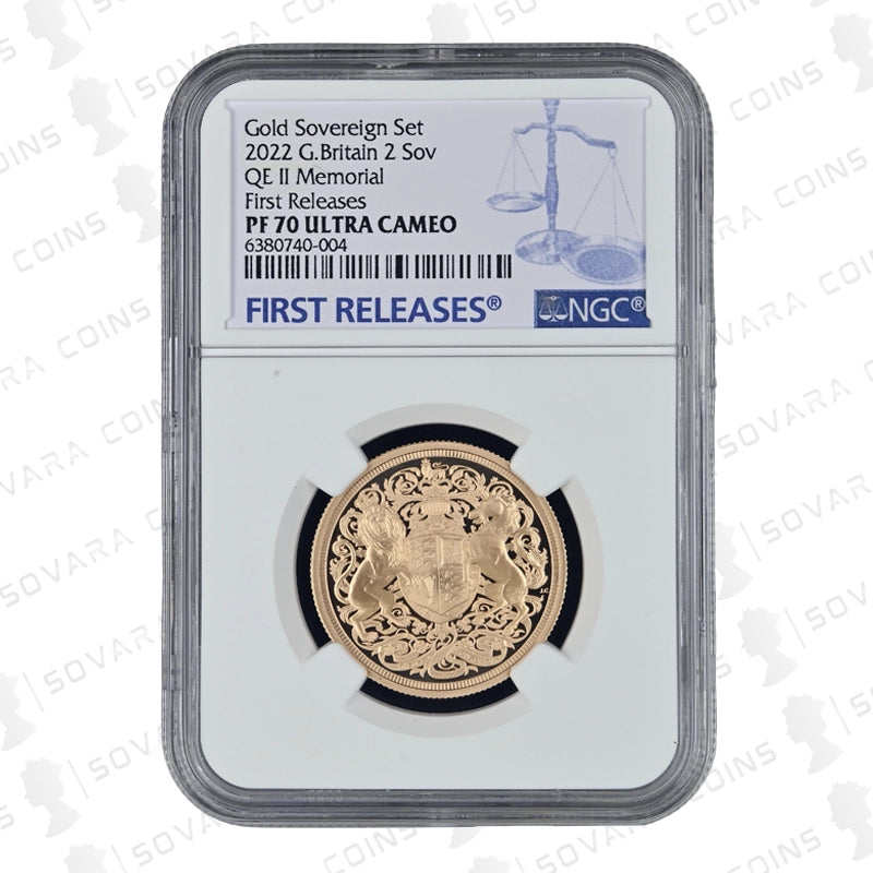 Gold 20222 Memorial 2 sovereign coin in NGC holder with label on a white background