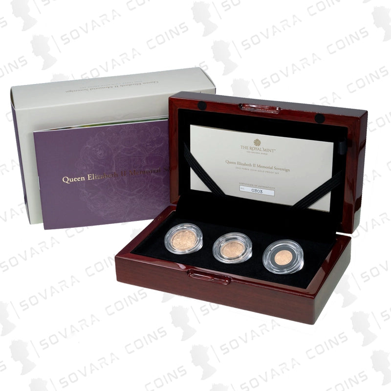 2022 Memorial Sovereign Set obverse – King Charles III first portrait, full, half and quarter sovereigns
