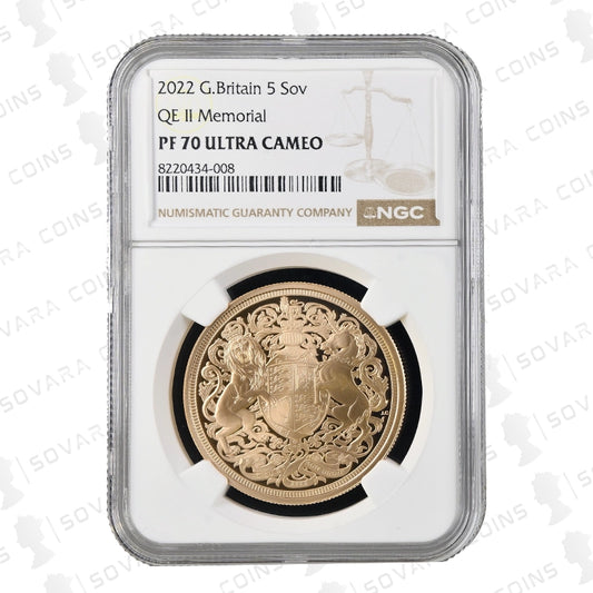 2022 Gold Proof Five Sovereign Coin PF70 Ultra Cameo – Memorial Issue, NGC graded