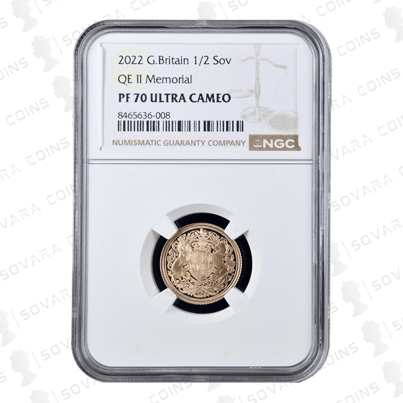 2022 Queen Elizabeth II Memorial Half Sovereign NGC PF70 Ultra Cameo obverse and reverse views