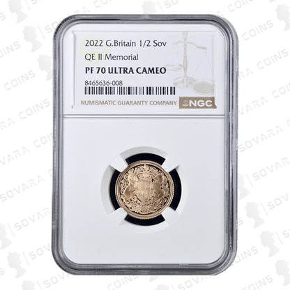 2022 Queen Elizabeth II Memorial Half Sovereign NGC PF70 Ultra Cameo obverse and reverse views