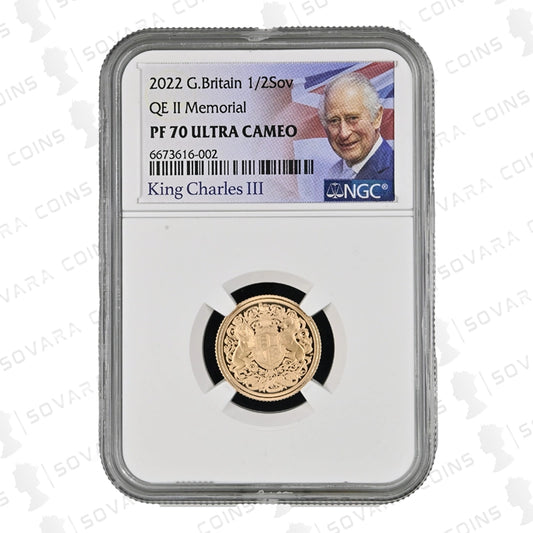 2022 Queen Elizabeth II Memorial Half Sovereign NGC PF70 Ultra Cameo obverse and reverse views