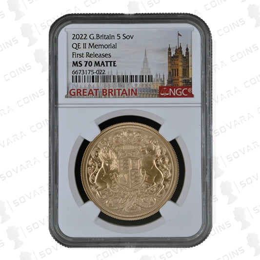 2022 Memorial Matte Five Sovereign reverse – Royal Arms design MS70 Matte