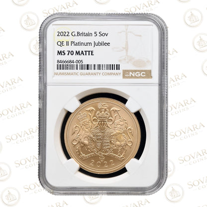 2022 Platinum Jubilee Matte Gold Quintuple Sovereign 5 Sovereign NGC MS70 Top Pop