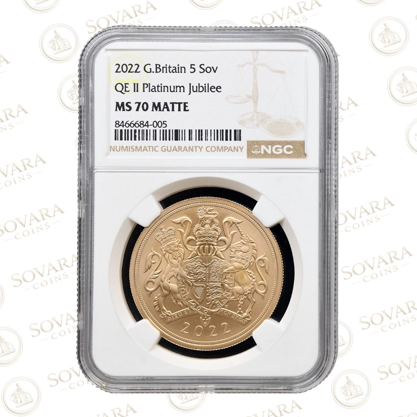 2022 Platinum Jubilee Matte Gold Quintuple Sovereign 5 Sovereign NGC MS70 Top Pop
