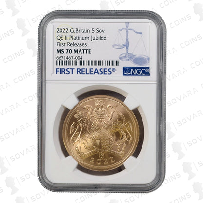2022 Platinum Jubilee Matte Five Sovereign reverse – Royal Arms design MS70 Matte