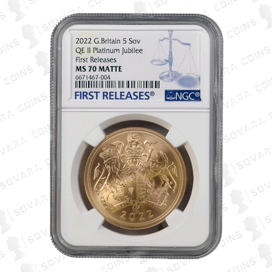 2022 Platinum Jubilee Matte Five Sovereign reverse – Royal Arms design MS70 Matte