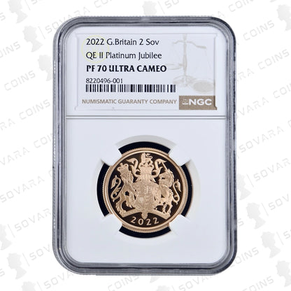 2022 Platinum Jubilee Double Sovereign PF70 UC Royal Arms reverse design