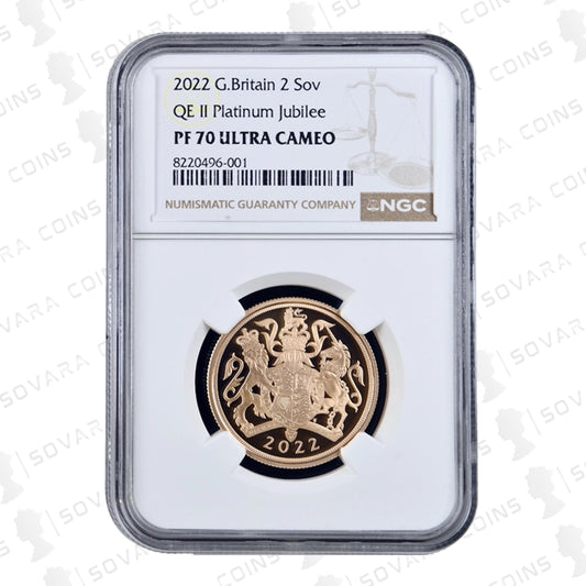 2022 Platinum Jubilee Double Sovereign PF70 UC Royal Arms reverse design
