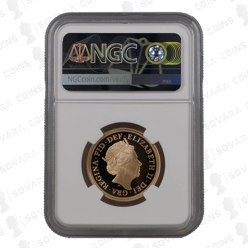 Gold coin in NGC holder with visible branding on a white background