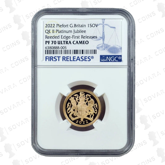 2022 Platinum Jubilee Gold Proof Piedfort Sovereign reverse – Platinum Jubilee Royal Arms design PF70 UC First Releases