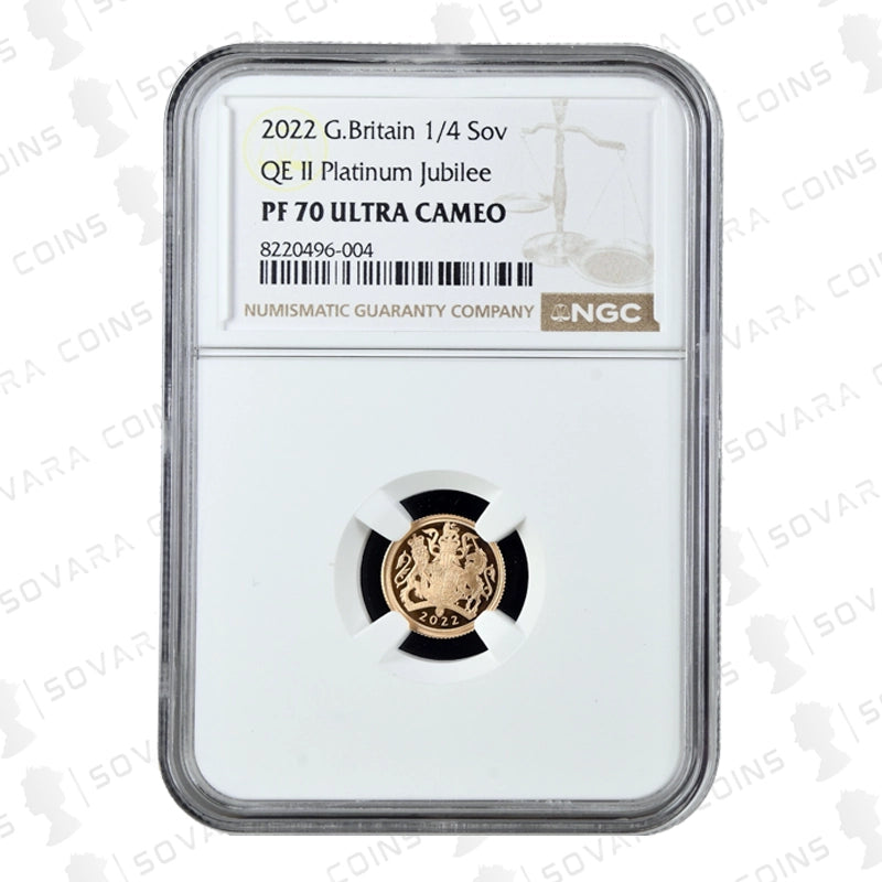 2022 Platinum Jubilee Quarter Sovereign reverse – Royal Arms design PF70 UC