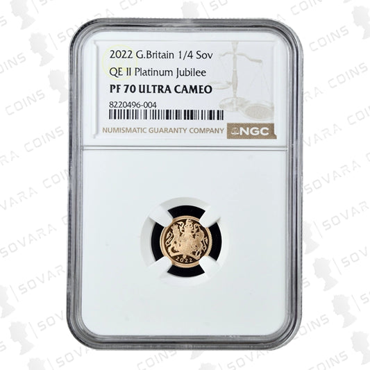 2022 Platinum Jubilee Quarter Sovereign reverse – Royal Arms design PF70 UC