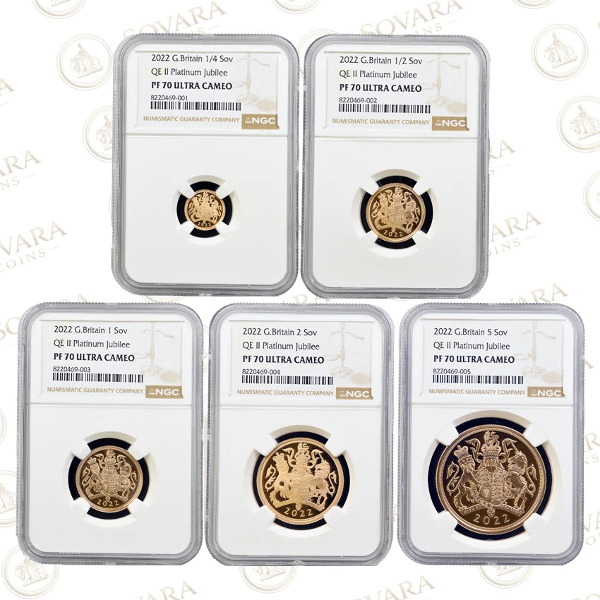 2022 Platinum Jubilee gold proof Sovereign five-coin set NGC PF70 Ultra Cameo complete