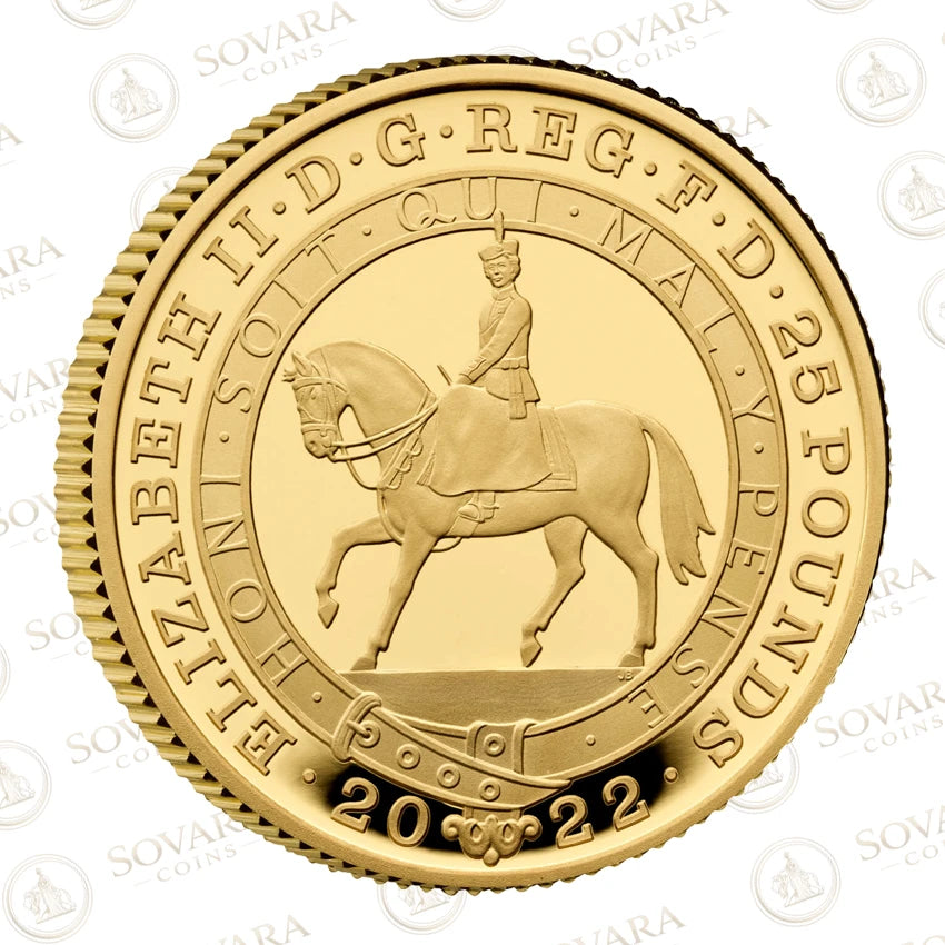 2022 Platinum Jubilee gold proof coin obverse - John Bergdahl equestrian portrait Queen Elizabeth II