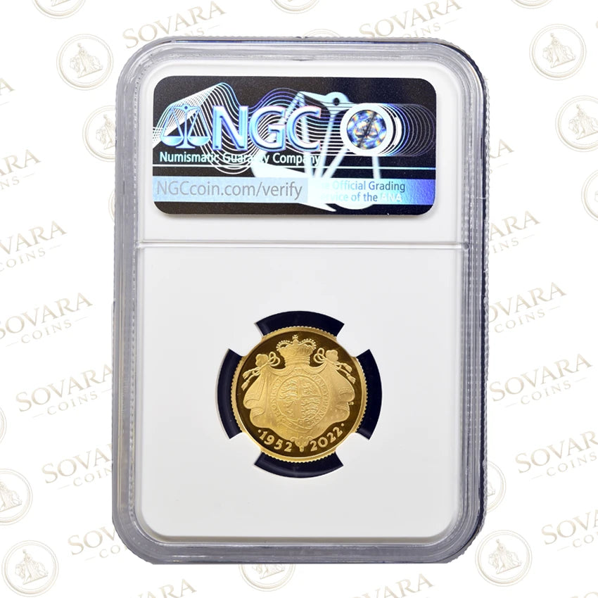 2022 Platinum Jubilee gold proof coin reverse - Royal Arms royal mantle design