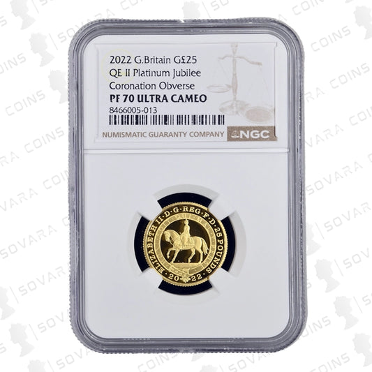 2022 Platinum Jubilee Quarter Ounce Gold Proof Coin PF70 Ultra Cameo – NGC graded proof coin featuring Queen Elizabeth II