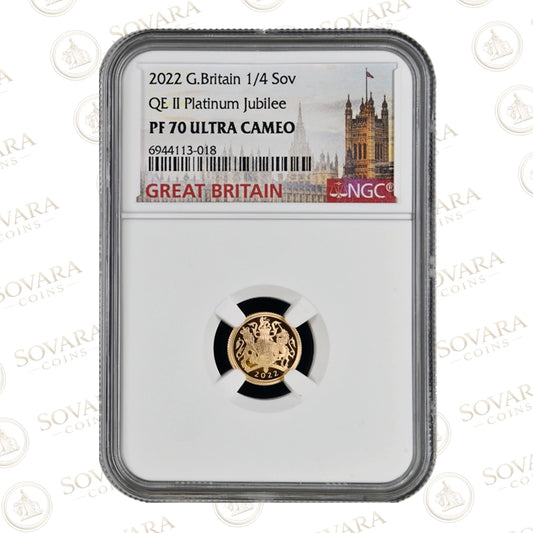 2022 Platinum Jubilee Quarter Sovereign reverse – Royal Arms design PF70 UC